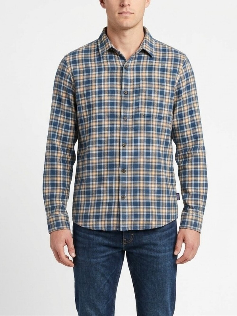 Patagonia Fjord Flannel Shirt Mens L Long Sleeve Blue Tan Plaid Organic Cotton